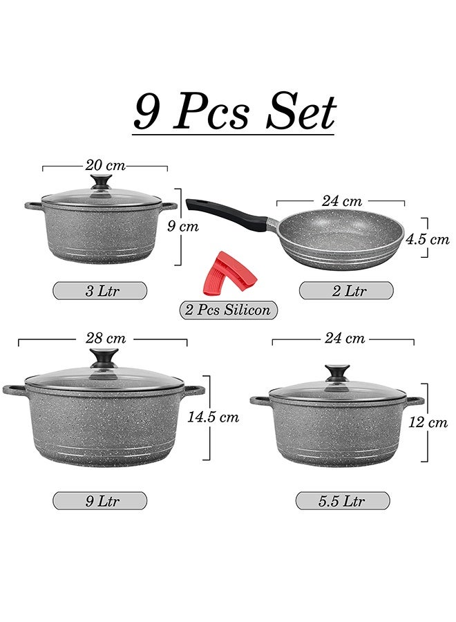 SONEX Granita 9-Piece Non-Stick Cookware Gift Set – Grey Marble Coated Die-Cast Aluminium Pots with Lids & Fry Pan, Durable, Easy to Clean, Scratch-Resistant, 2L to 9L Cooking Capacity - Image 3